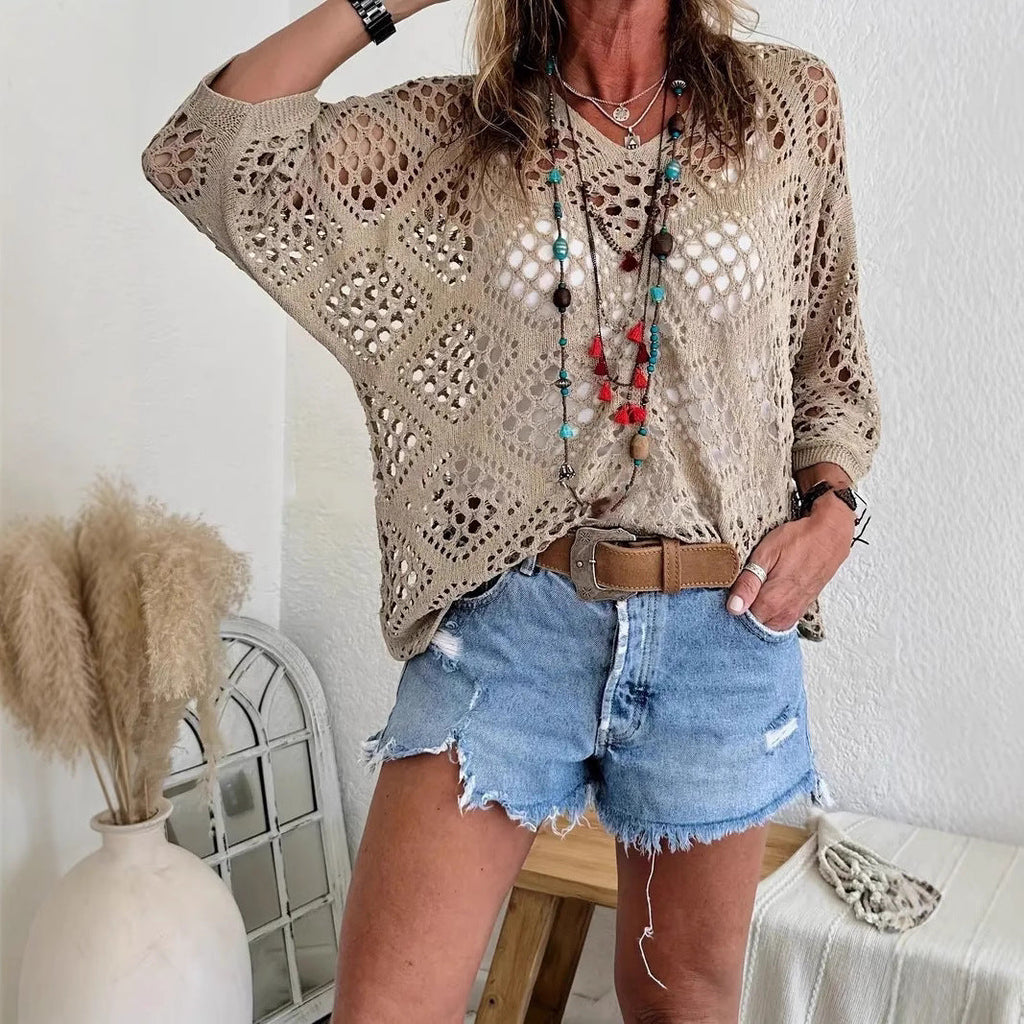 Beige Bohemian-Style Crocheted Top