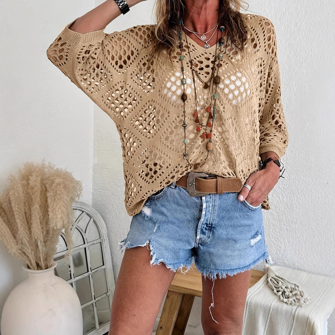 Beige Bohemian-Style Crocheted Top