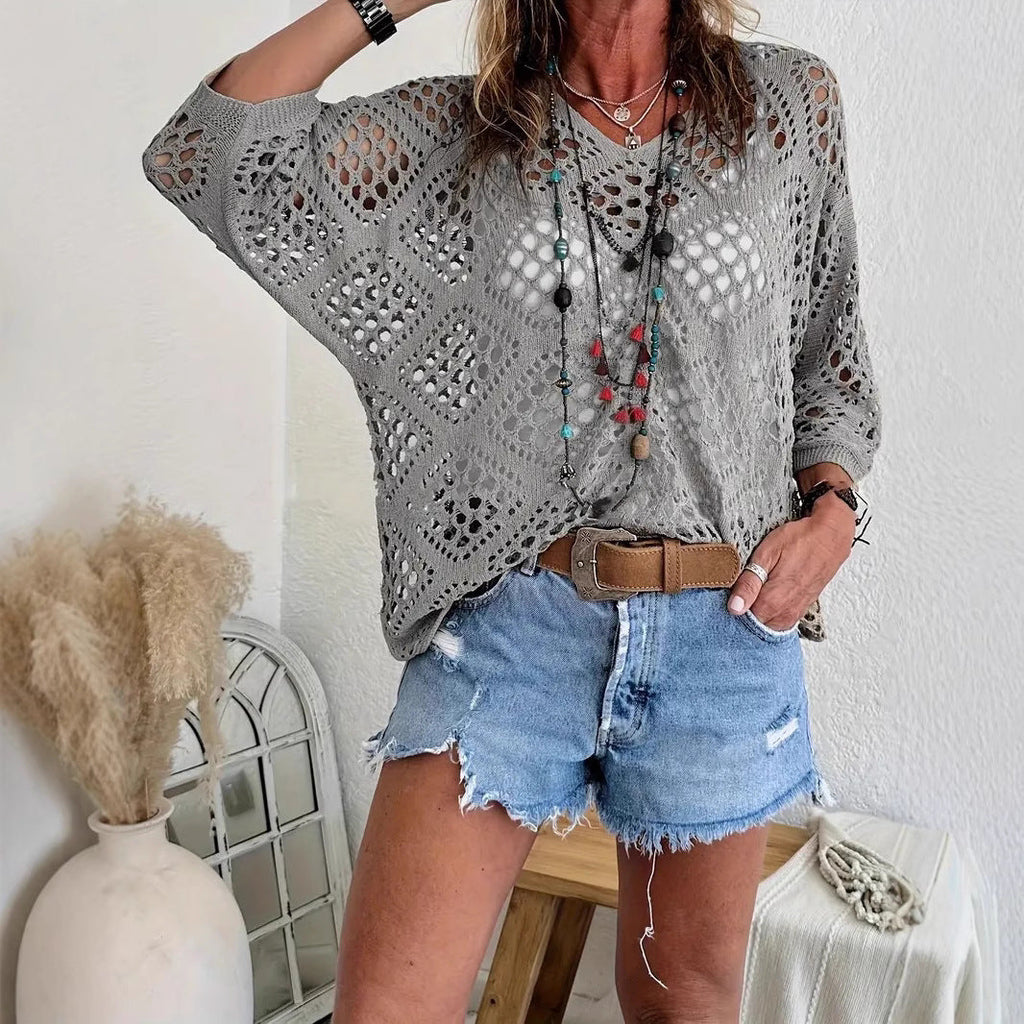 Beige Bohemian-Style Crocheted Top