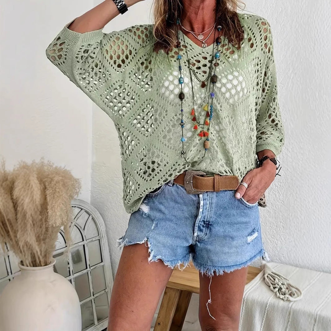 Beige Bohemian-Style Crocheted Top