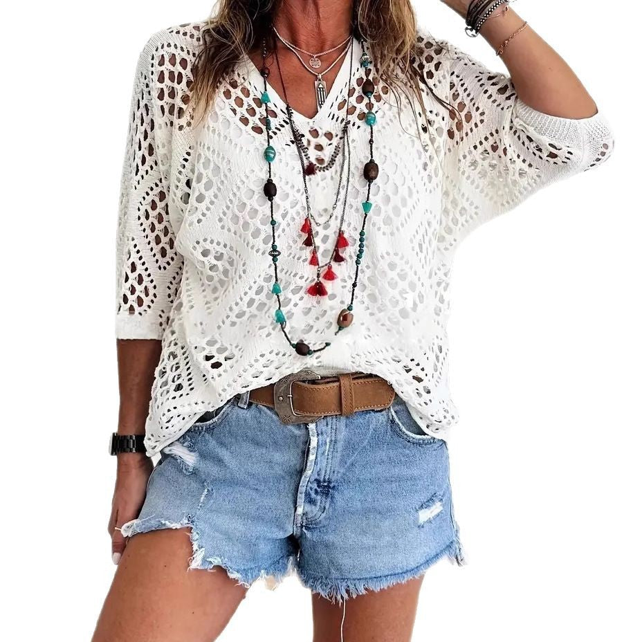 Beige Bohemian-Style Crocheted Top