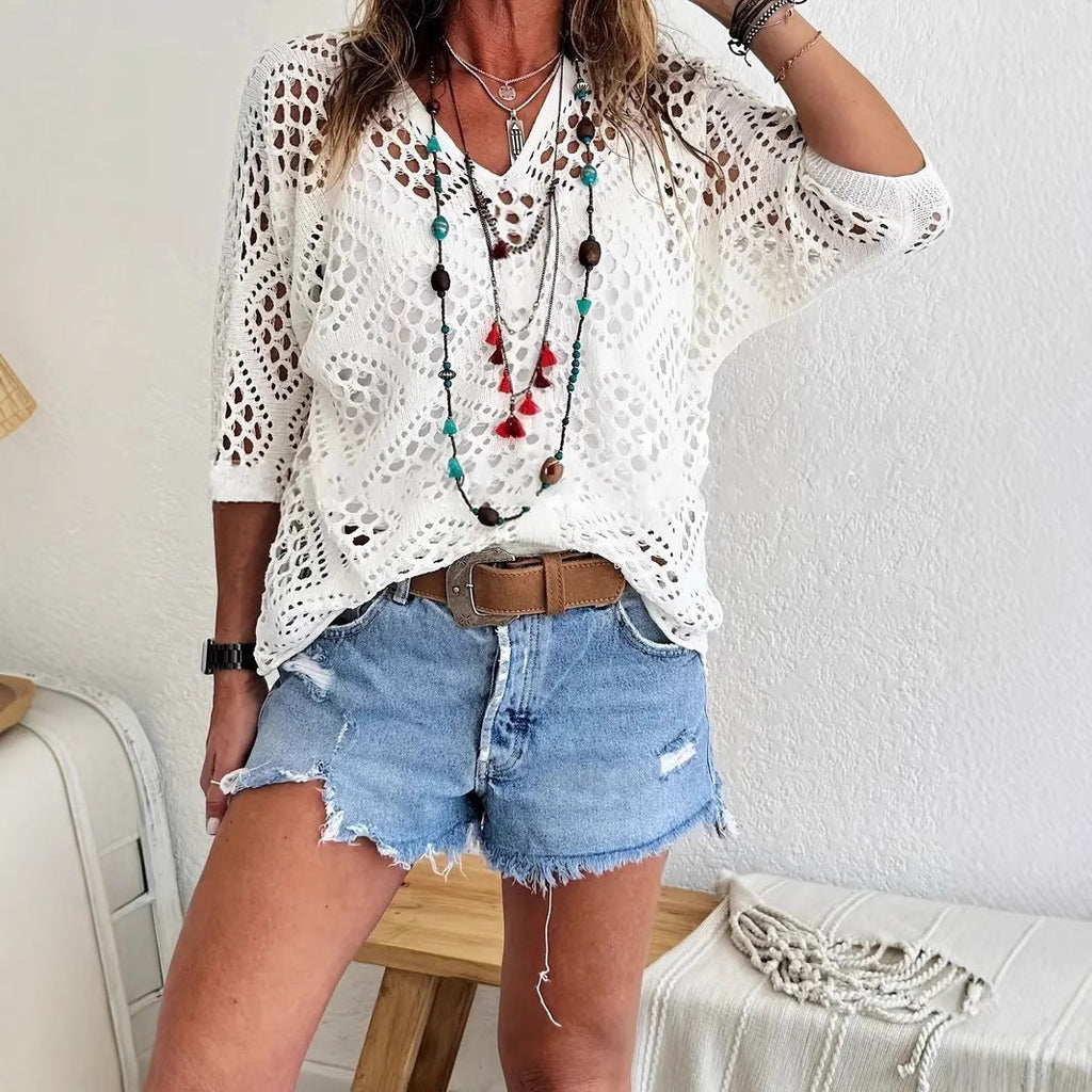 Beige Bohemian-Style Crocheted Top