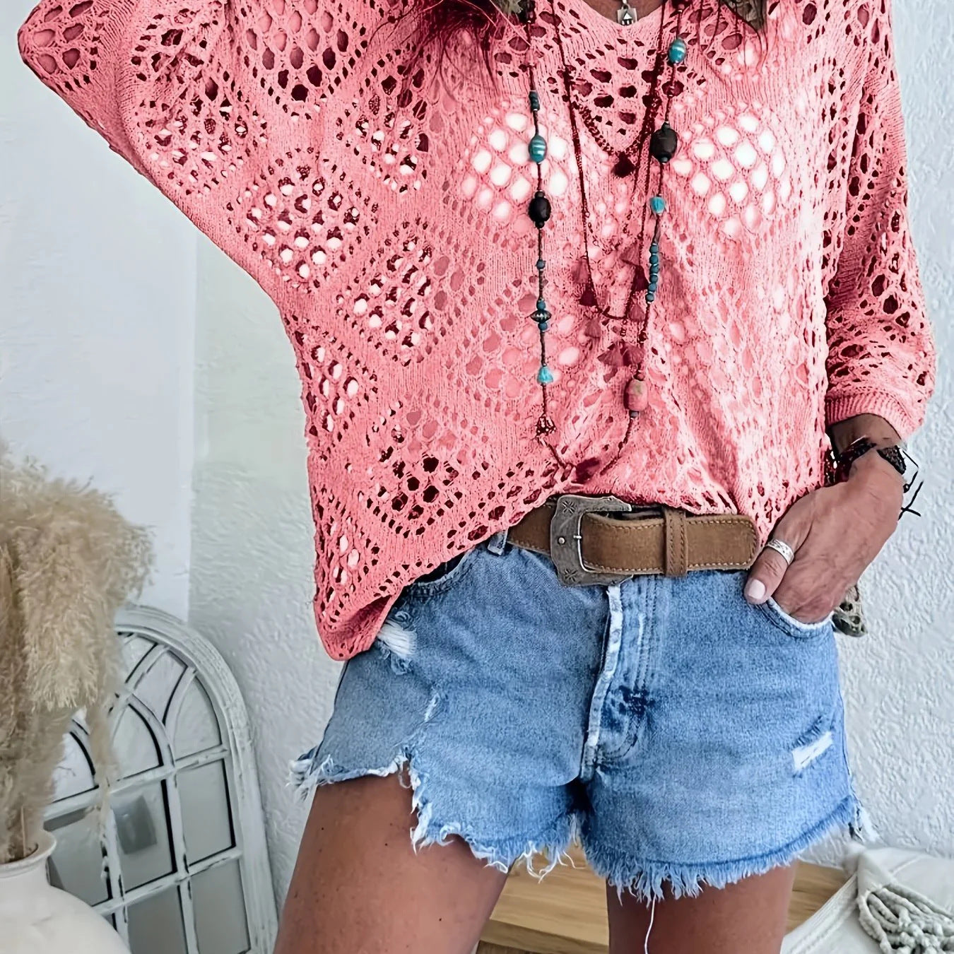 Beige Bohemian-Style Crocheted Top