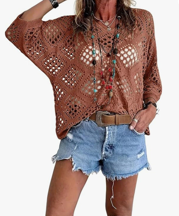 Beige Bohemian-Style Crocheted Top