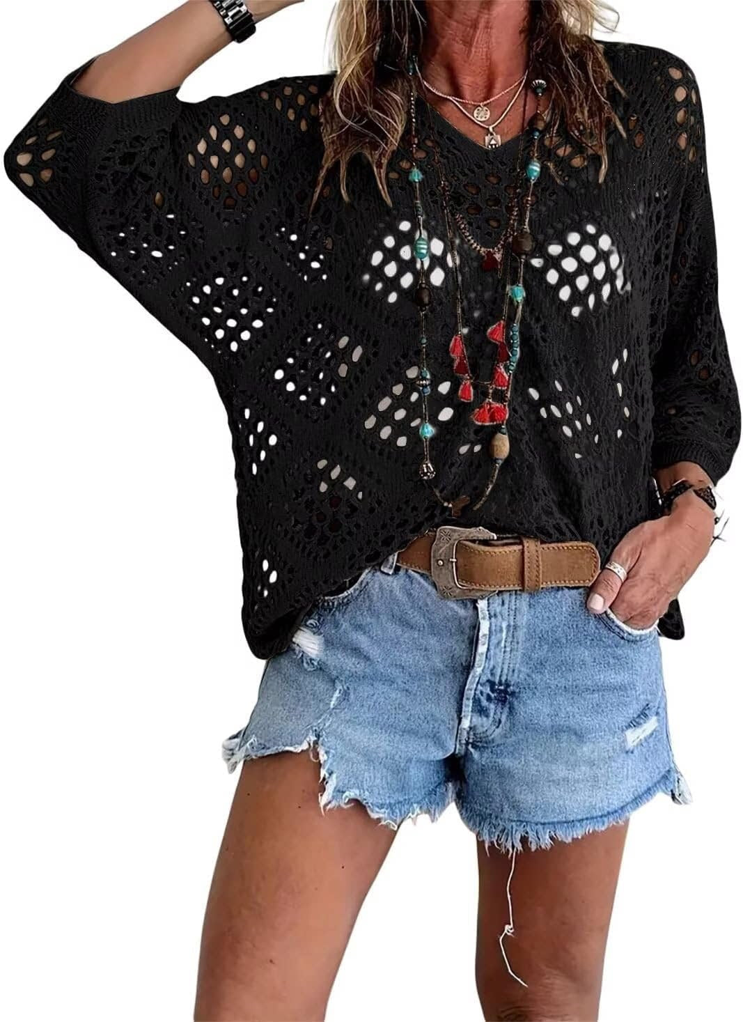 Beige Bohemian-Style Crocheted Top