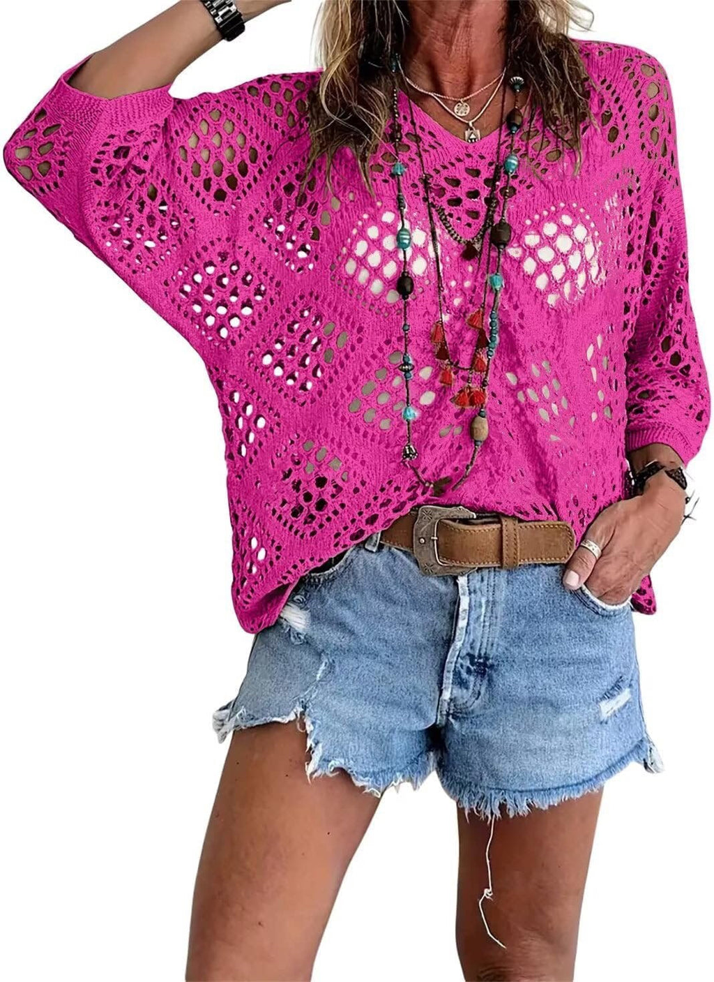 Beige Bohemian-Style Crocheted Top